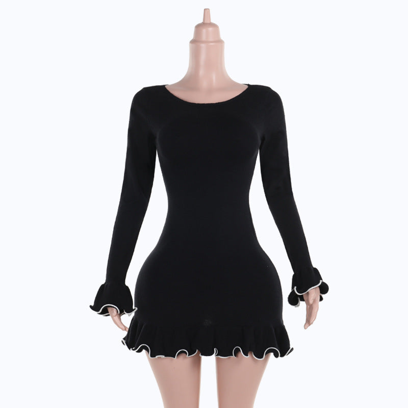Elegant Contrast Wave Hem Woolen Dress