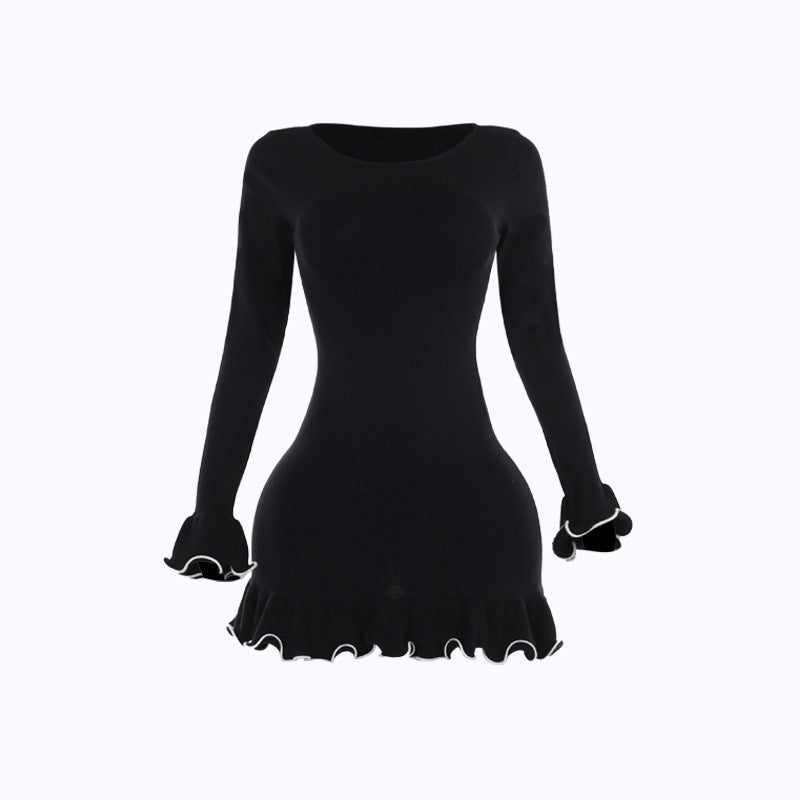 Elegant Contrast Wave Hem Woolen Dress