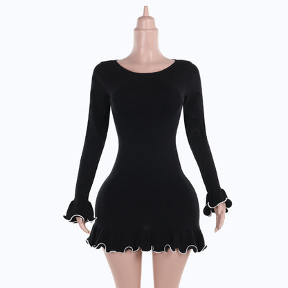 Elegant Contrast Wave Hem Woolen Dress