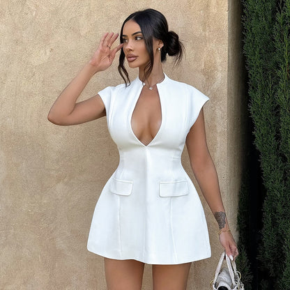V-Neck Pleated Cinched Waist Dress