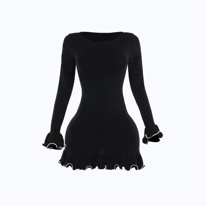 Elegant Contrast Wave Hem Woolen Dress